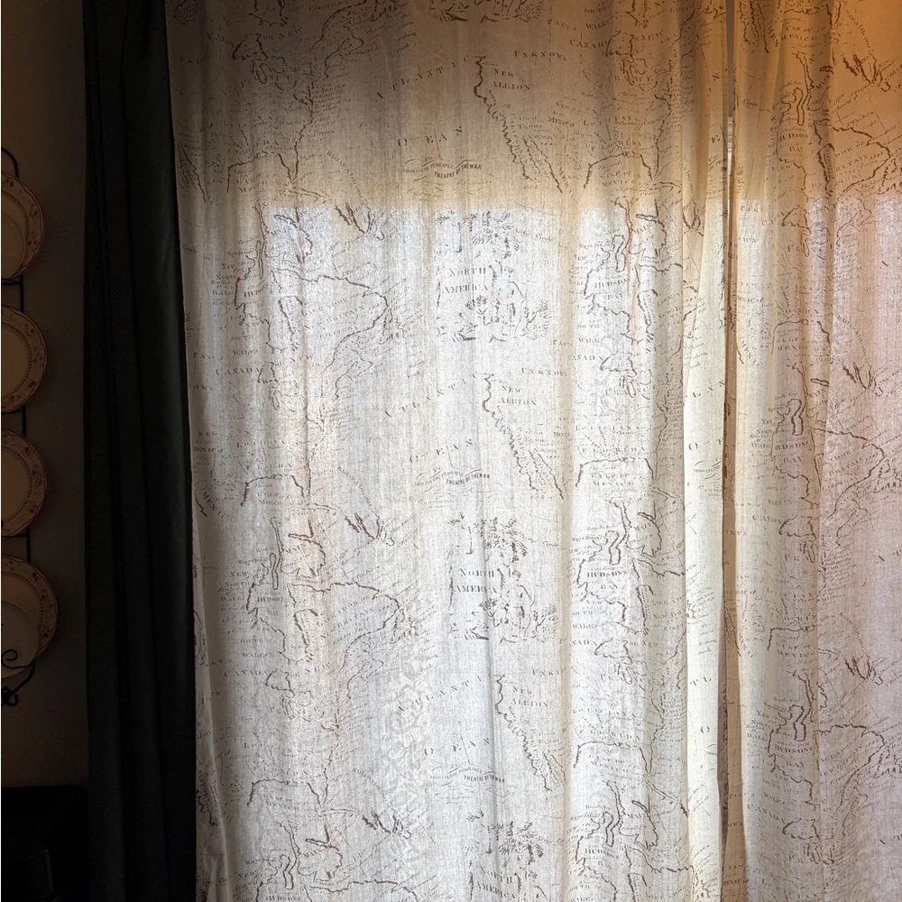 Pier 1 Cream Linen Blend Cartography Map World Patterned Curtains 52x84 set of 2